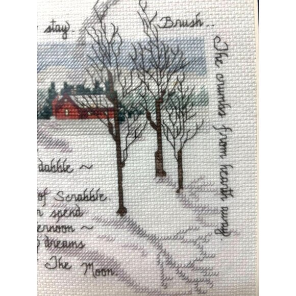 Vintage 1989 Framed Cross Stitch Sampler – Winter Scene with Red House, Rabbit, - Picture 5 of 9